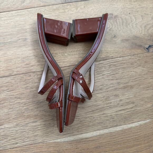 Urban Outfitters Brown Patent Mule Strappy Peep Toe Sandal Chunky Block Heels- 7 - Picture 8 of 9